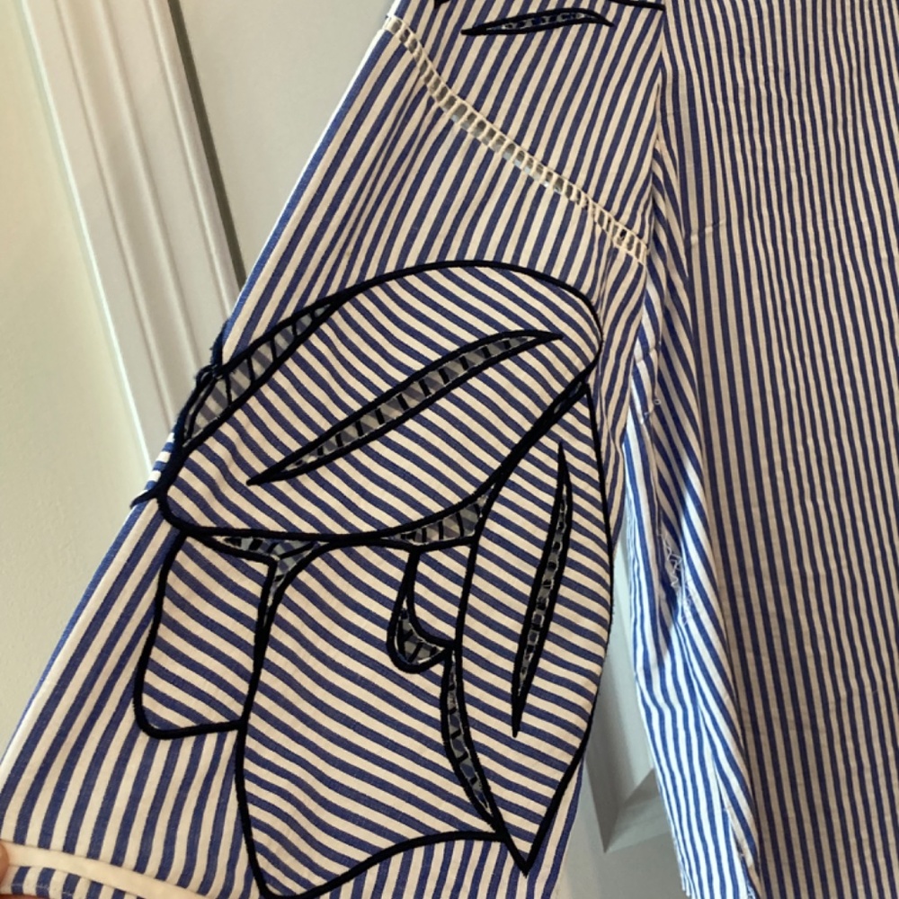 Blue Striped Blouse with Lace-Up Sleeves - Picture 2 of 3